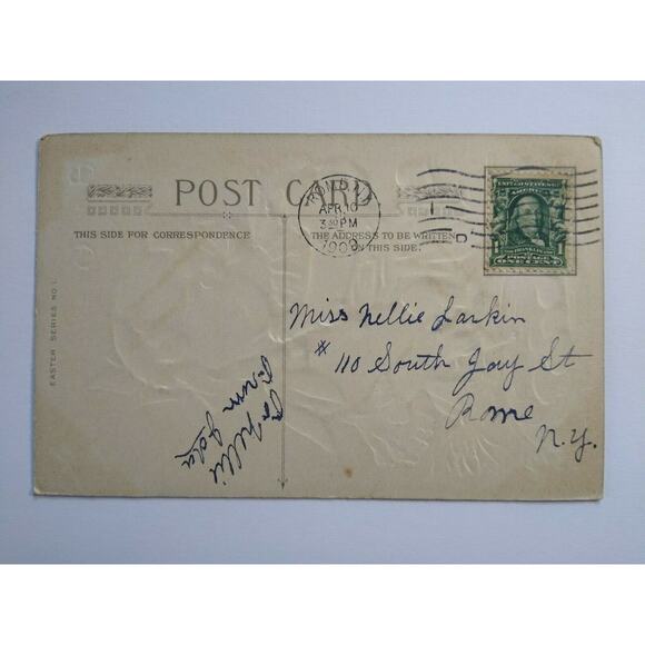 Antique Easter Greeting Postcard Bunny Girl Pastel Eggs Winsch Back Rome NY 1908 - Picture 3 of 6